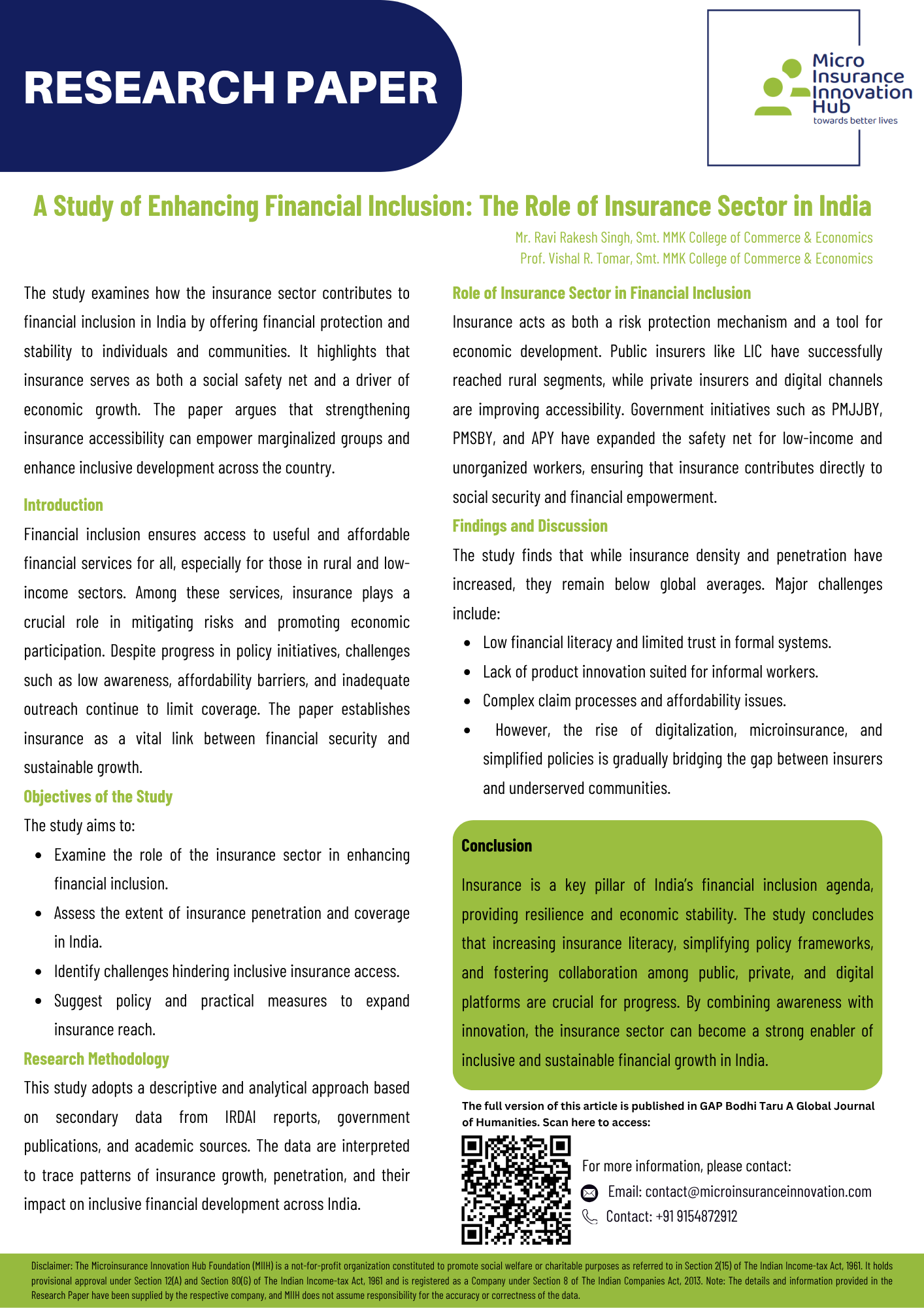 A STUDY OF ENHANCING FINANCIAL INCLUSION: THE ROLE OF
                              INSURANCE SECTOR IN INDIA
                              